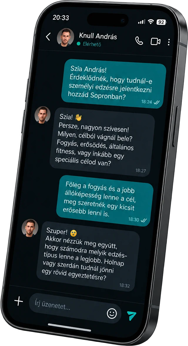 Telefonos csevegés Knull Andrással: az érdeklődő a fogyásról és az állóképességről ír, András pedig egy rövid egyeztetést javasol